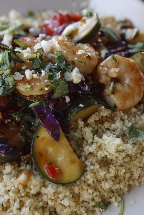 Leah Hogsten | The Salt Lake Tribune  
CousCous Mediterranean Grill's CousCous Bowl of sauteed veggies and shrimp.