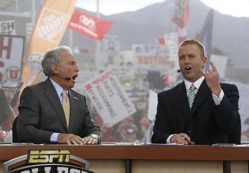 Scott Sommerdorf  l  The Salt Lake Tribune
Lee Corso (left), reacts as analyst Kirk Herbstreit picks Utah to win Saturday's matchup. The ESPN College Gameday program did its broadcast at the University of Utah prior to the TCU at Utah game, Saturday, 11/6/2010.