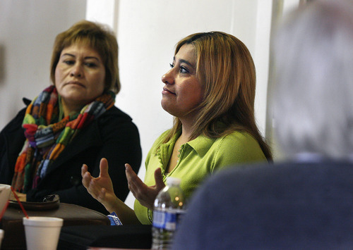 Scott Sommerdorf  |  The Salt Lake Tribune             
Mary Flores speaks about the difficulties in her native Colombia during a meeting at The Vine Institute, Monday, Nov. 28, 2011. Silvia Bayani is at left. The Institute trains refugees to be Christian ministers either in their home countries or in refugee congregations in Utah.