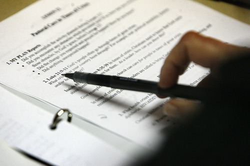 Scott Sommerdorf  |  The Salt Lake Tribune             
Liz Figueroa follows along on a worksheet during a meeting at The Vine Institute, Monday, Nov. 28, 2011. The Institute trains refugees to be Christian ministers either in their home countries or in refugee congregations in Utah, with a peer learning approach.