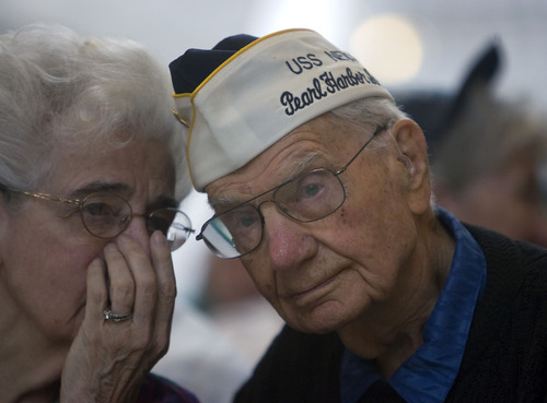Al Hartmann  |  The Salt Lake Tribune 
Surviving Pearl Harbor veterans from Utah were honored at a  ceremony remembering the 70th anniversary of the attack on Pearl Harbor at the Utah State Capitol Wednesday, Dec. 7.  Max Burggraaf talks with his wife Shirley at the ceremony.