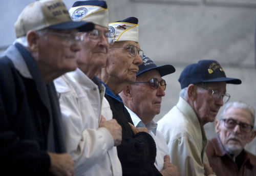 Al Hartmann  |  The Salt Lake Tribune 
Surviving Pearl Harbor veterans from Utah were honored at a  ceremony remembering the 70th anniversary of the attack on Pearl Harbor at the Utah State Capitol Wednesday, Dec. 7.