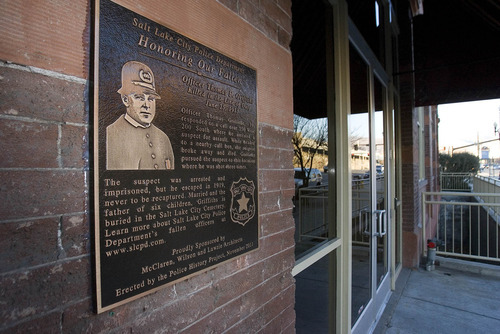Paul Fraughton | The Salt Lake Tribune
A plaque was dedicated on Thursday December 8th  at 224South 200West in Salt Lake City commemorating SLPD Officer Thomas F. Griffiths,who was killed in the line of duty near that location 98 years ago.
  Thursday, December 8, 2011