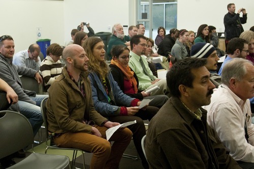 Chris Detrick  |  The Salt Lake Tribune
Members of Occupy SLC and Peaceful Uprising voice their concerns during the state's Air Quality Board meeting at the Multi-Agency Building on Wednesday.