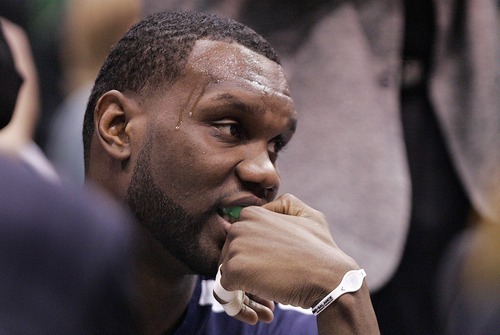 Djamila Grossman  |  The Salt Lake Tribune

The Jazz' Al Jefferson, 25, sits on the bench after playing during the first half of a game against the San Antonio Spurs in Salt Lake City, Wednesday, Jan. 26, 2011.
