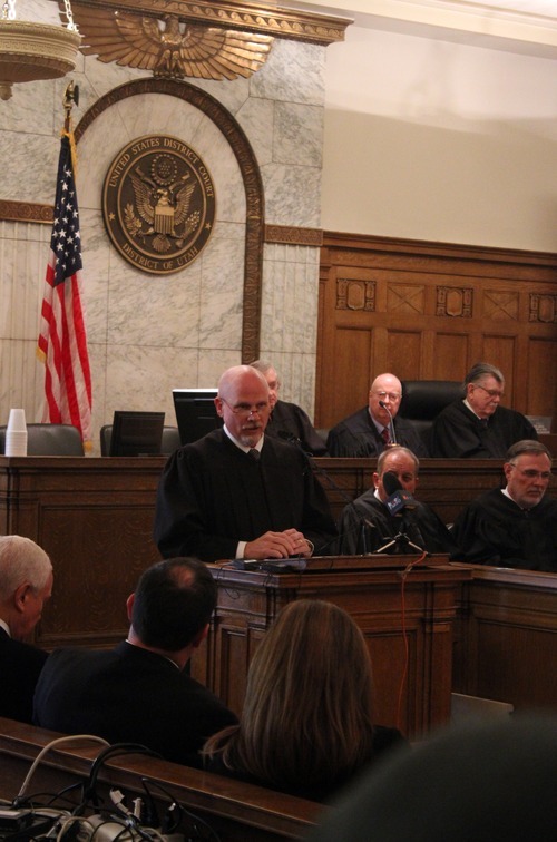 Rick Egan  | The Salt Lake Tribune 
Chief Judge Ted Steward presides as David B. Barlow is sworn in as the new United States attorney in Judge Dee Benson's courtroom in the Frank E. Moss U.S. Courthouse Friday.