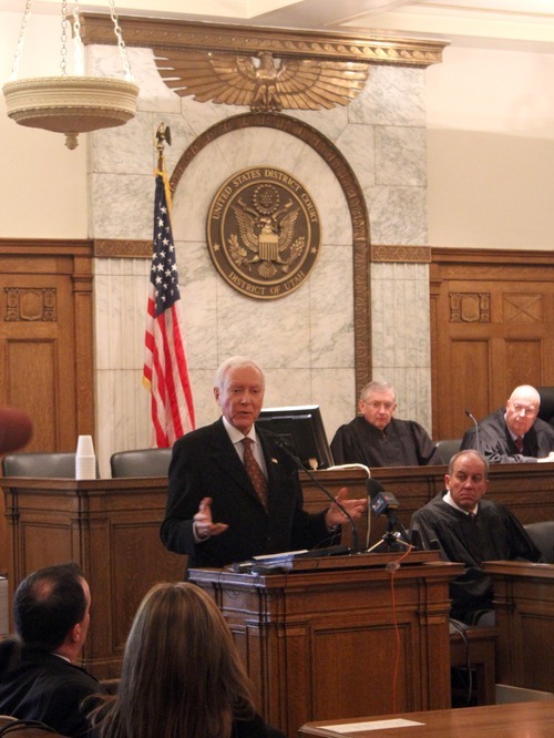 Rick Egan  | The Salt Lake Tribune 

Senator Orrin Hatch speaks during the investiture ceremony for David B. Barlow, as the new United States Attorney, in Judge Benson's courtroom in the Frank E. Moss U.S. Courthouse, Friday, December 9, 2011.