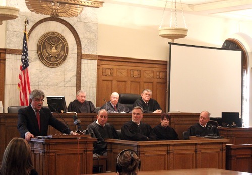 Rick Egan  | The Salt Lake Tribune 

Senator Litigation Couinsel, Stewart C. Walz,  speaks during the investiture ceremony for David B. Barlow, as the new United States Attorney, in Judge Benson's courtroom in the Frank E. Moss U.S. Courthouse, Friday, December 9, 2011.