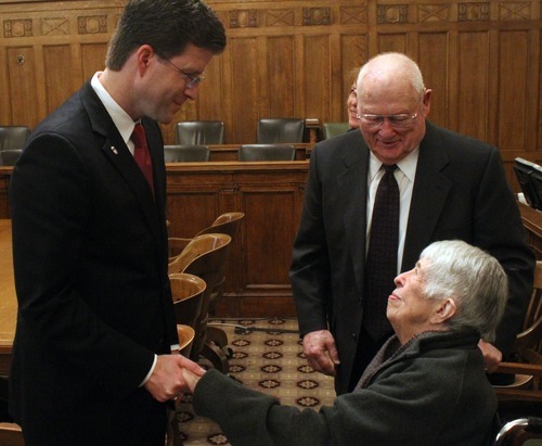 Rick Egan  | The Salt Lake Tribune 

David B. Barlow visits with grandparents, Don and Ellen Warner, after his investiture ceremony as a new United States Attorney, in Judge Benson's courtroom in the Frank E. Moss U.S. Courthouse, Friday, December 9, 2011.