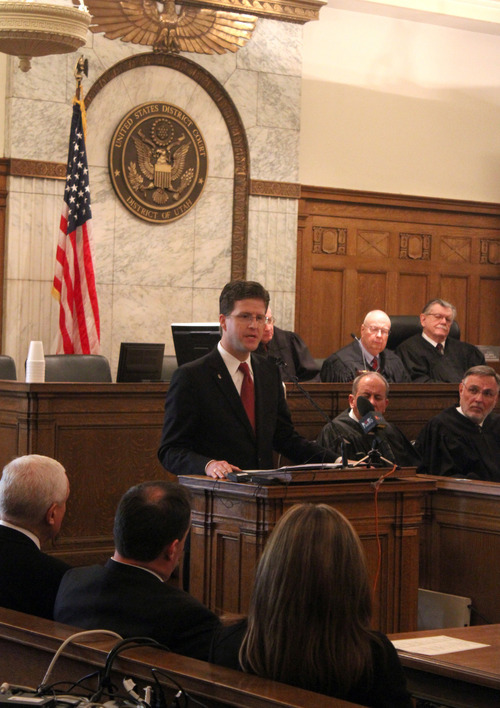 Rick Egan  | The Salt Lake Tribune 

David B. Barlow responds after his investiture ceremony as a new U.S. Attorney, in Judge Benson's courtroom in the Frank E. Moss U.S. Courthouse, Friday, December 9, 2011.