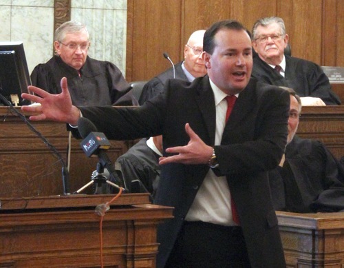 Rick Egan  | The Salt Lake Tribune 

Senator Mike Lee speaks during the investiture ceremony for David B. Barlow, as the new United States Attorney, in Judge Benson's courtroom in the Frank E. Moss U.S. Courthouse, Friday, December 9, 2011.