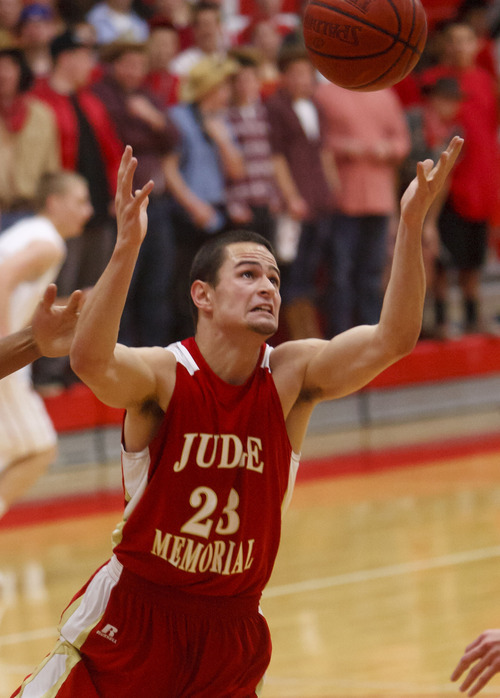 Trent Nelson  |  The Salt Lake Tribune
Judge's Jacob Gondrezeck (23) goes for a rebound as East faced Judge Memorial High School boys' basketball in Salt Lake City, Utah, Wednesday, December 7, 2011.