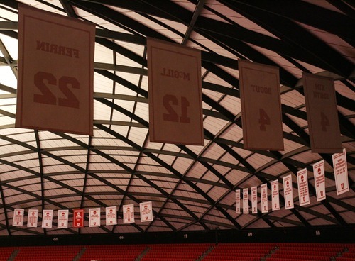 Steve Griffin  |  The Salt Lake Tribune

University of Utah men's basketball banners that hang in the Huntsman Center on campus in Salt Lake City Friday, December 9, 2011.