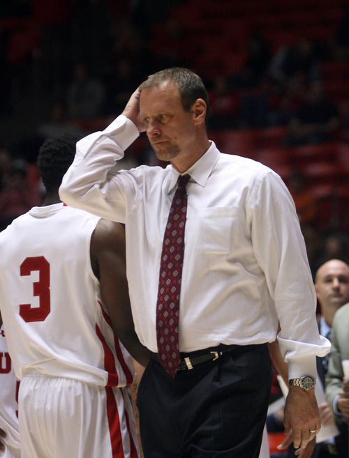 Kim Raff | The Salt Lake Tribune
Utah coach Larry Krystkowiak reacts as his team falls behind against Cal Fullerton at the Huntsman Center on Wednesday.