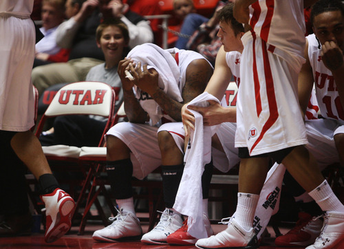 Kim Raff | The Salt Lake Tribune
Utah's Kareem Storey reacts late in the game against Cal State-Fullerton at the Huntsman Center on Wednesday.