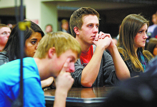 Scott Sommerdorf  |  The Salt Lake Tribune             
Bountiful High School students listen as Utah Governor Gary Herbert presents his proposed state budget for the coming fiscal year from the library at Bountiful High School in Bountiful, Utah, Monday, December 12, 2011.