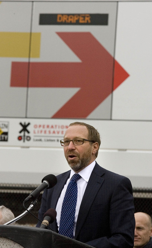 Paul Fraughton | The Salt Lake Tribune
Federal Transit Administrator Peter M. Rogoff speaks at a ceremony Monday at the future end of the TRAX line in Draper. Rogoff signed a document at the event granting the funding to pay for the Draper extension.