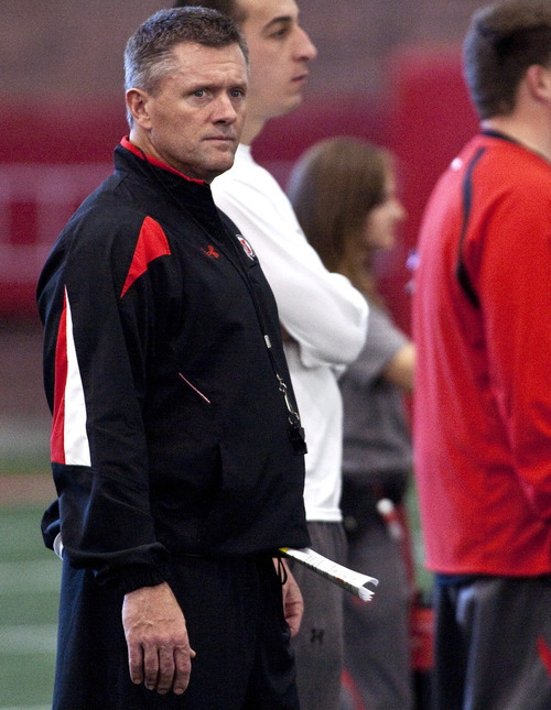 Utah head coach Kyle Whittingham looks on during an NCAA college football practice Thursday, Dec. 8, 2011, in Salt Lake City. Utah is scheduled to face Georgia Tech in the Sun Bowl on Dec. 31. (AP Photo/The Salt Lake Tribune, Chris Detrick)  DESERET NEWS OUT; LOCAL TV OUT; MAGS OUT