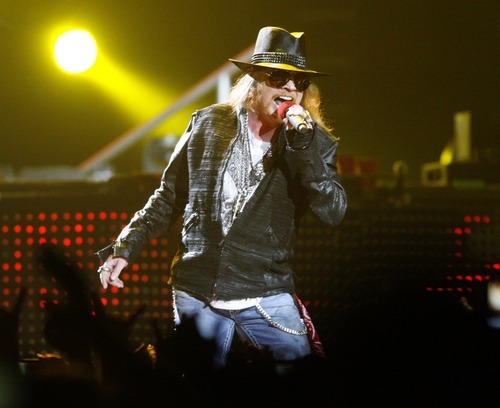 Rick Egan  | The Salt Lake Tribune 

Axl Rose, lead vocals for Guns  N' Roses performs with his band at the Maverick Center, late Tuesday, December 13, 2011.