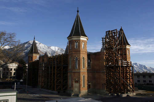 Francisco Kjolseth  |  The Salt Lake Tribune
The long process of rebuilding the historic Provo Tabernacle continues as walls braced by scaffolding hold the reamaining shell after the fire that broke out a year ago Dec. 17, 2010.
