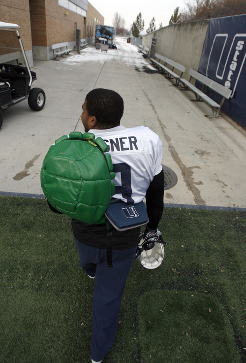 Francisco Kjolseth  |  The Salt Lake Tribune
Utah State leading linebacker Bobby Wagner has a love for all things Teenage Mutant Ninja Turtle and he doesn't go anywhere without his themed green shell backpack.