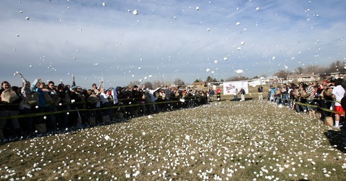 Steve Griffin  |  The Salt Lake Tribune
Hundreds of students at Eisenhower Junior High School attempted a new world record for the world's largest marshmallow fight by throwing 2,000 pounds of marshmallows -- about 140,000 of them -- in about 10 minutes in Taylorsville. Following the battle students cleaned up the whole mess.