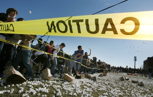 Steve Griffin  |  The Salt Lake Tribune
Hundreds of students at Eisenhower Junior High School attempted a new world record for the world's largest marshmallow fight by throwing 2,000 pounds of marshmallows -- about 140,000 of them -- in about 10 minutes in Taylorsville. Following the battle students cleaned up the whole mess.