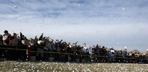 Steve Griffin  |  The Salt Lake Tribune
Hundreds of students at Eisenhower Junior High School attempted a new world record for the world's largest marshmallow fight by throwing 2,000 pounds of marshmallows -- about 140,000 of them -- in about 10 minutes in Taylorsville. Following the battle students cleaned up the whole mess.