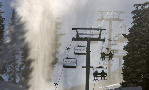 Al Hartmann  |  The Salt Lake Tribune
Skiers ride the Collins lift while snowmaking machines add snow to the mountain Monday December 5.    Just because it's cold doesn't mean to cut back on hydration when excercising in the winter.