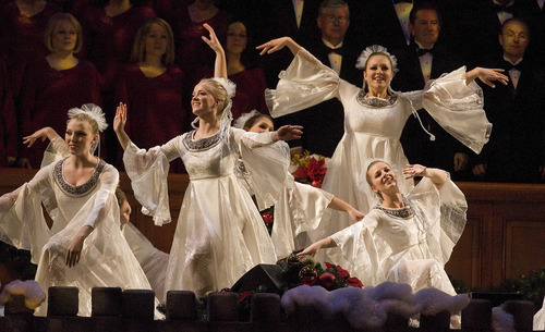 Paul Fraughton | The Salt Lake Tribune
Dancers perform at The Mormon Tabernacle Choir's Christmas extravaganza  at the LDS Conference Center.
  Thursday, December 15, 2011