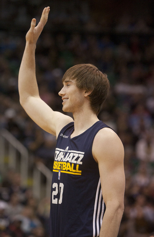 Jeremy Harmon  |  The Salt Lake Tribune

Gordon Hayward is introduced to fans at the Utah Jazz scrimmage at EnergySolutions Arena in Salt Lake City, Saturday, Dec. 17, 2011.