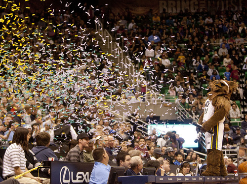 Jeremy Harmon  |  The Salt Lake Tribune

The Jazz Bear fires confetti into the crowd during the Utah Jazz scrimmage at EnergySolutions Arena in Salt Lake City, Saturday, Dec. 17, 2011.