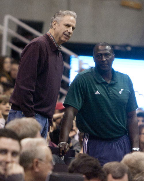 Jeremy Harmon  |  The Salt Lake Tribune

Former Jazz assistant coach Phil Johnson talks to Coach Ty Corbin prior to the Utah Jazz scrimmage at EnergySolutions Arena in Salt Lake City, Saturday, Dec. 17, 2011.