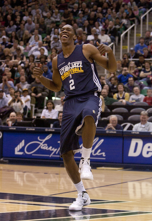 Jeremy Harmon  |  The Salt Lake Tribune

Rookie Paul Carter laughs as he dances for fans prior to the Utah Jazz scrimmage at EnergySolutions Arena in Salt Lake City, Saturday, Dec. 17, 2011.