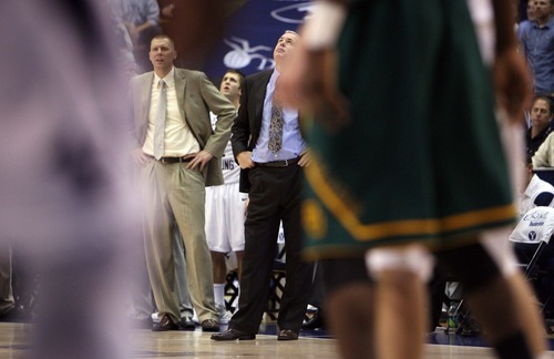 Steve Griffin  |  The Salt Lake Tribune

BYU head coach Dave Rose looks up to the scoreboard as BYU gives up the lead late in the second half action of the BYU Baylor basketball game  in Provo, Utah Saturday, December 17, 2011.
