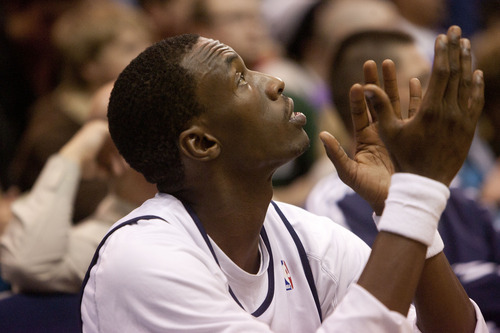 Jeremy Harmon  |  The Salt Lake Tribune

Utah's Josh Howard applaudes his teammates as he checks out the scoreboard as the Utah Jazz scrimmage at EnergySolutions Arena in Salt Lake City, Saturday, Dec. 17, 2011.