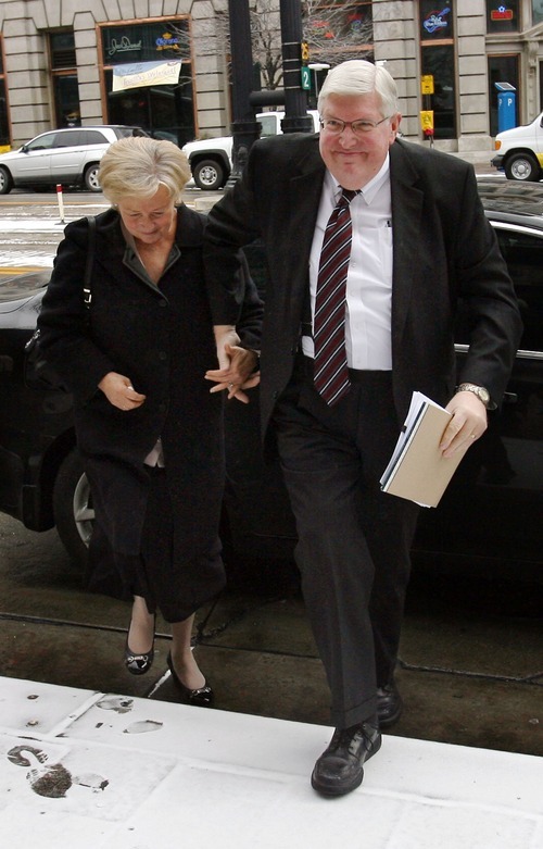 Steve Griffin  |  The Salt Lake Tribune

Dewey C. MacKay, right, walks into the Frank E. Moss U.S. Courthouse in Salt Lake City with his wife, Kathleen MacKay,  for a sentencing hearing. MacKay received a 20-year sentence for a conviction on charges related to prescribing more than 1.9 million hydrocodone pills and nearly 1.6 million oxycodone pills between June 1, 2005, and Oct. 30, 2009.