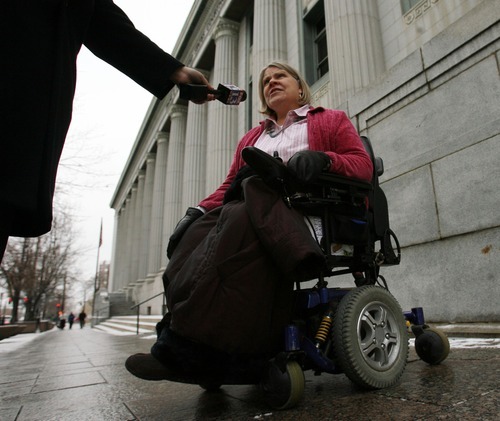 Steve Griffin  |  The Salt Lake Tribune

Debb Johnson, a long-time patient of Dewey C. MacKay, talks with reporters outside the Frank Moss Federal Courthouse in Salt Lake City on Monday, Dec. 19, 2011 prior to sentencing for MacKay, who was indicted in August 2010 on charges related to prescribing more than 1.9 million hydrocodone pills and nearly 1.6 million oxycodone pills between June 1, 2005, and Oct. 30, 2009. Johnson spoke highly of MacKay and said the doctor helped her over the years with her pain.