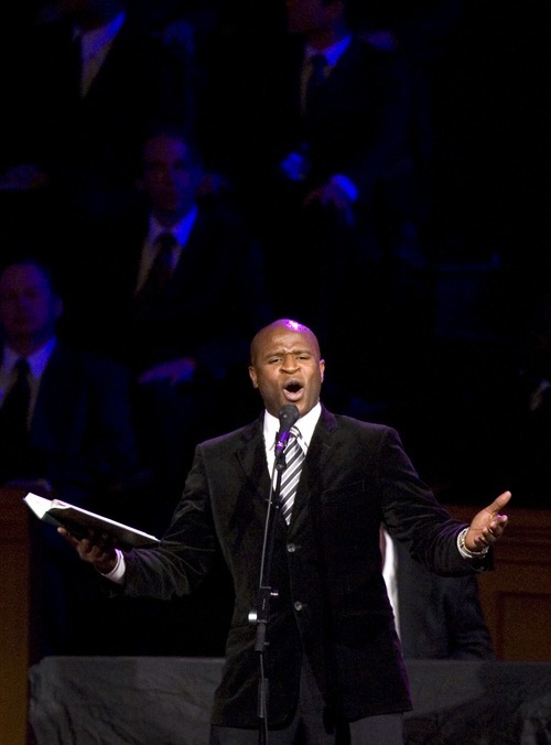 Alex Boyé of Salt Lake City performs in the Tabernacle at Temple Square to commemorate the 30th anniversary of the revelation ending the ban on blacks in the LDS priesthood, Sunday June 8, 2008. The Tabernacle on Temple Square in Salt Lake City was full with people who turned out for the program and fireside commemorating the 1978 revelation. 06/08/2008 Jim Urquhart/The Salt Lake Tribune