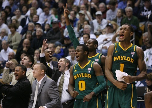 Steve Griffin  |  The Salt Lake Tribune

The Baylor bench explodes with excitement as they take the lead from the Cougars late in the second half action of the BYU Baylor basketball game  in Provo, Utah Saturday, December 17, 2011.