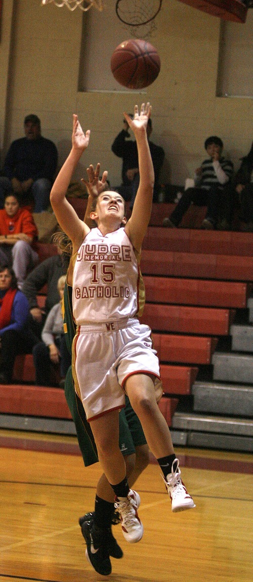 Paul Fraughton | The Salt Lake Tribune
Judge High's Caitlin Gruis  goes up for a shot. Kearns High School girls team played Judge Memorial girls at Judge.
  Monday, December 19, 2011