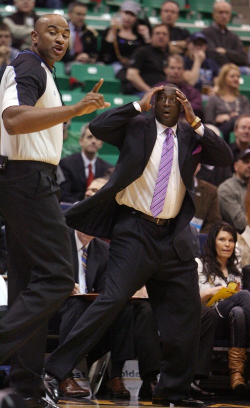 Steve Griffin  |  The Salt Lake Tribune

Utah Jazz head coach Tyrone Corbin holds his head in disbelief as his player his called for a foul during first half action of the Utah Jazz versus Portland Trail Blazers game at EnergySolutions Arena in Salt Lake City, Utah Wednesday, December 21, 2011.