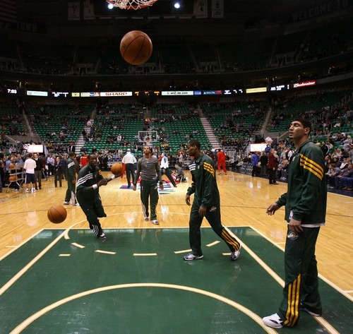 Steve Griffin  |  The Salt Lake Tribune

The Utah Jazz warm up prior to the start of their game against the  Portland Trail Blazers at EnergySolutions Arena in Salt Lake City, Utah Wednesday, December 21, 2011.