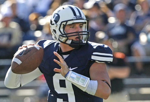Rick Egan  | The Salt Lake Tribune 

Brigham Young Cougars quarterback Jake Heaps (9) got some playing time in the second half of the game, in football action, BYU vs. Idaho State University football game, at Lavell Edwards Stadium, Saturday, October 22, 2011.