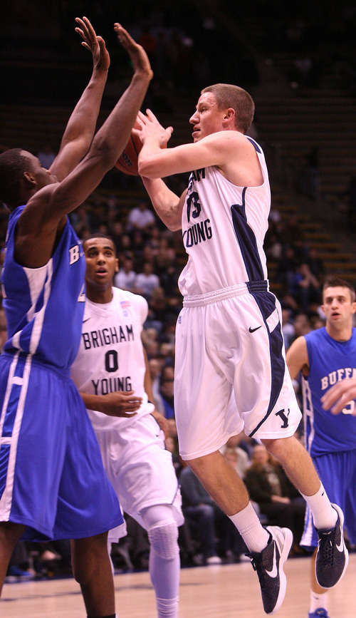 Leah Hogsten | The Salt Lake Tribune  
BYU forward Brock Zylstra (13) had 14 points in the first half. Brigham Young University Cougars men's basketball team leads the Buffalo Bulls  47-39 in the first half Tuesday, December 20, 2011 at the Marriott Center.