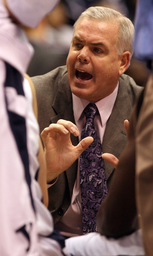 Leah Hogsten | The Salt Lake Tribune  
BYU head coach Dave Rose talks to players during a time out in the second half. . Brigham Young University Cougars men's basketball team defeated the Buffalo Bulls  93-78 Tuesday, December 20, 2011 at the Marriott Center.