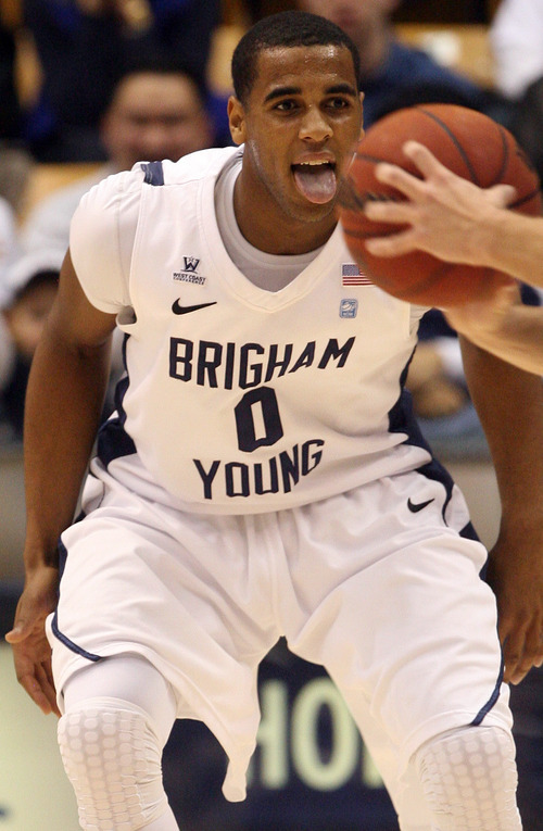 Leah Hogsten | The Salt Lake Tribune  
BYU forward Brandon Davies (0) during the second half. Brigham Young University Cougars men's basketball team defeated the Buffalo Bulls  93-78 Tuesday, December 20, 2011 at the Marriott Center.