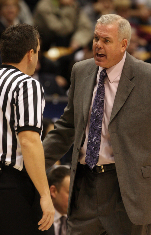 Leah Hogsten | The Salt Lake Tribune  
BYU head coach Dave Rose argues a call. Brigham Young University Cougars men's basketball team defeated the Buffalo Bulls  93-78 Tuesday, December 20, 2011 at the Marriott Center.