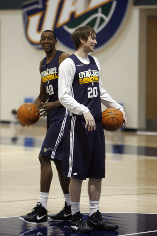 Francisco Kjolseth  |  The Salt Lake Tribune
Utah Jazz players Jeremy Evans, left, and Gordon Hayward, have some fun before the start of basketball practice on Saturday, December 24, 2011, at their practice facility in Salt Lake City.