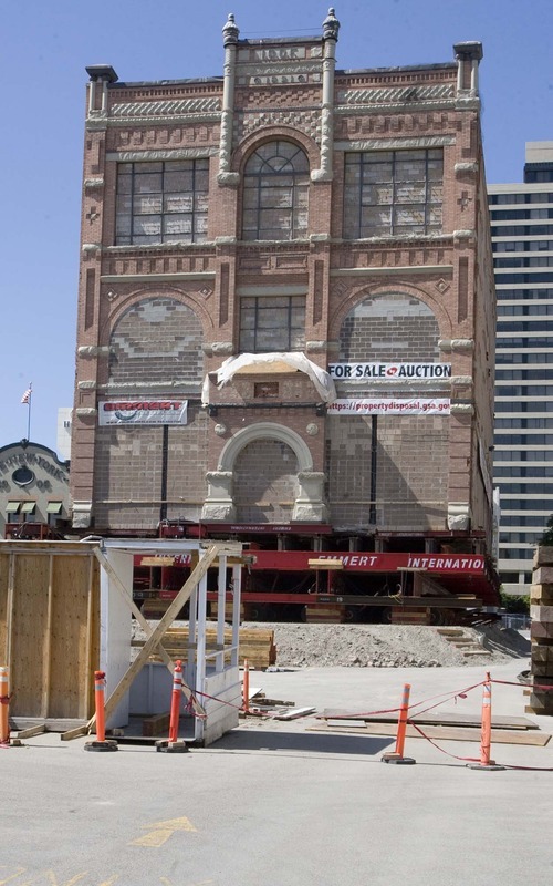 The Oddfellows Hall being moved across Pierpont Ave in Salt Lake City has been rotated 180 degrees  so now the back side faces Pierpont. The front of the building is facing 400 South.Wednesday, June 24,2009  photo:Paul Fraughton/ The Salt Lake Tribune